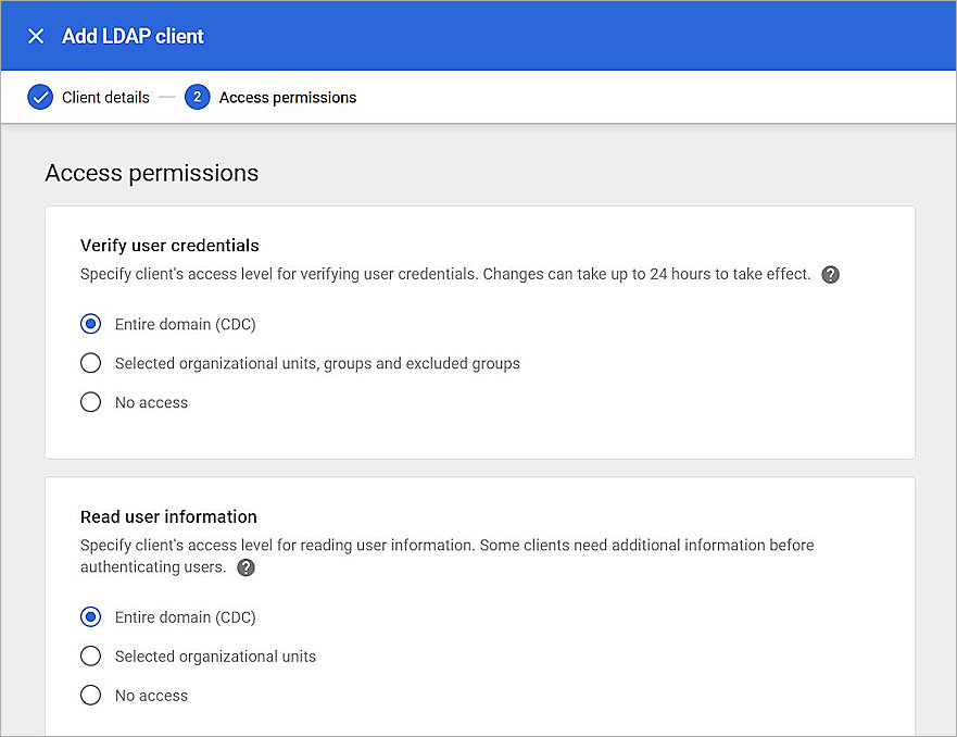 Screenshot of the Add LDAP Client Access Permissions page.